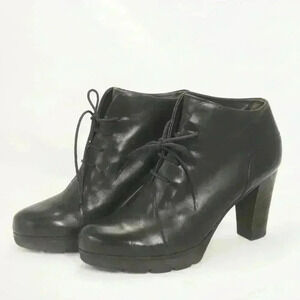 Paul Green Black Lamb Skin Leather Heeled Lace Up Booties Shoes